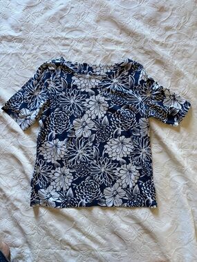 Talbots Navy Floral Short Sleeve Tee with White Blooms